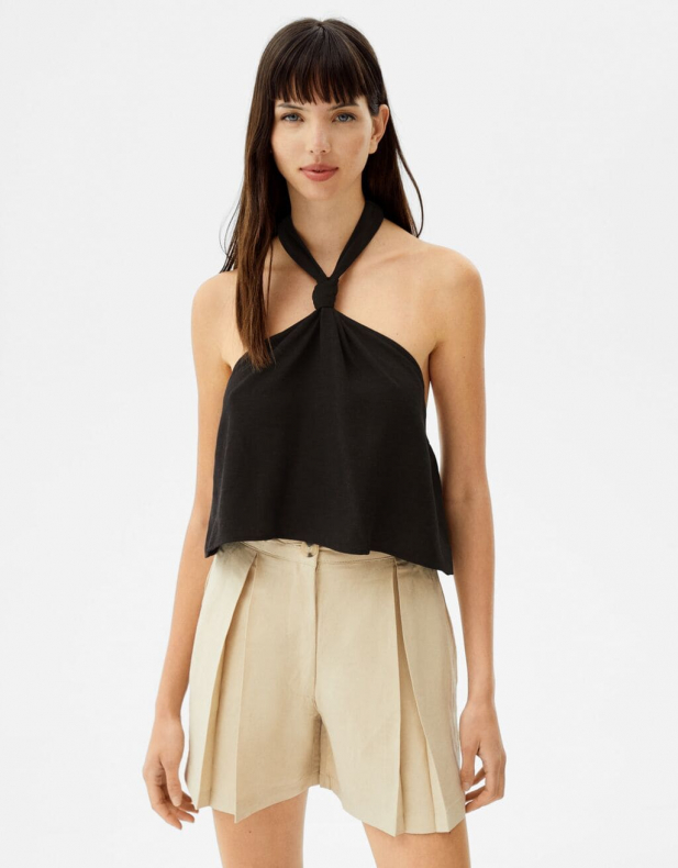 Cropped-Leinentop mit Neckholder